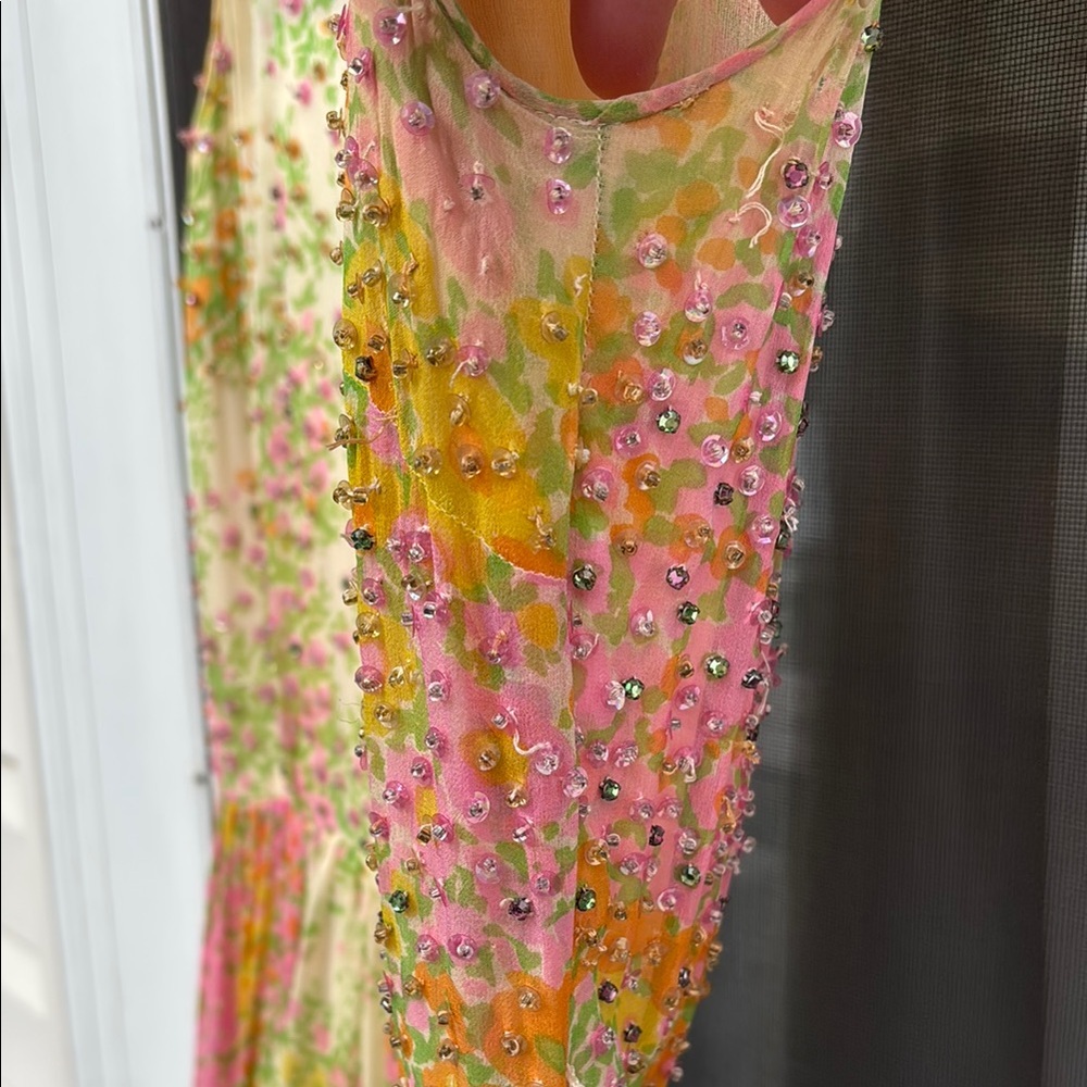 NAT KAPLAN SAKS FIFTH AVE Yellow Orange Pleat Crystal Maxi Silk Dress-VINTAGE - Picture 9 of 16